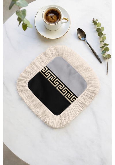 Yunan Motifli Saçaklı Sunum Peçetesi - Lüks Klasik Modern Siyah Altın Renkli Bardak Altlığı Mendil Soft Gece Vişne