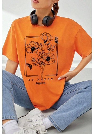 Unisex Be Happy Baskılı Oversize Tshirt Turuncu