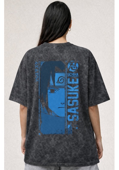Sasuke Uchiha Naruto Anime Karakterler Baskılı Unisex Oversize Es Siyah