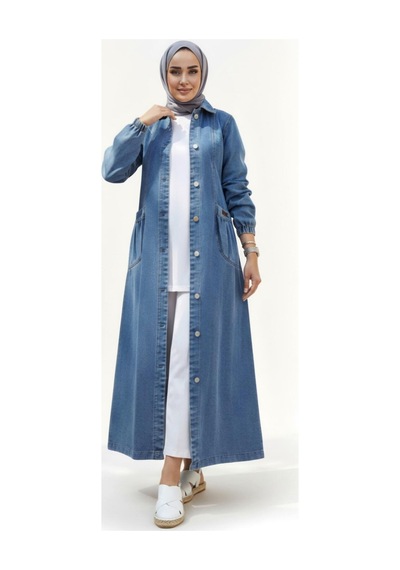 Hb Harma Time Butik Kadın Düğmeli Cepli Kar Yıkamalı Denim Mavi Kot Kap Açık Mavi Açık Mavi