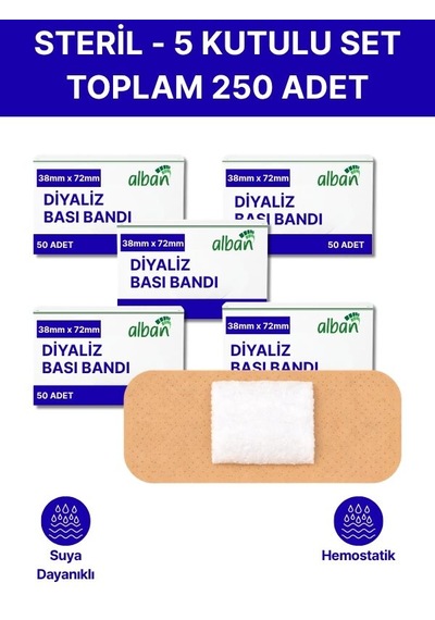 Steril Hemostatik Diyaliz Bandı 38mmx72mm, 250 Adet 5'li Paket
