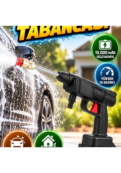 Bataryalı Bahçe Ve Araba Yıkama Tabancası 15.000mah Hazneli Su Basınçlı Oto Temizlik Seti