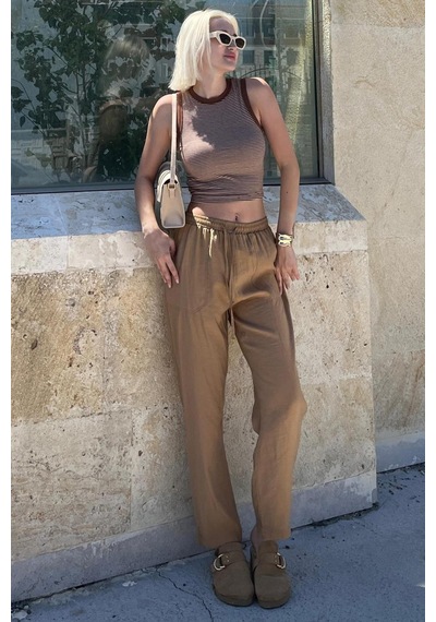 Madmext Camel Ayarlanabilir Bel Rahat Kesim Pantolon Mg2161 Camel