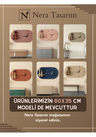 Modern Tasarım Raflı Nera Duvar Saati 75x45 Gri