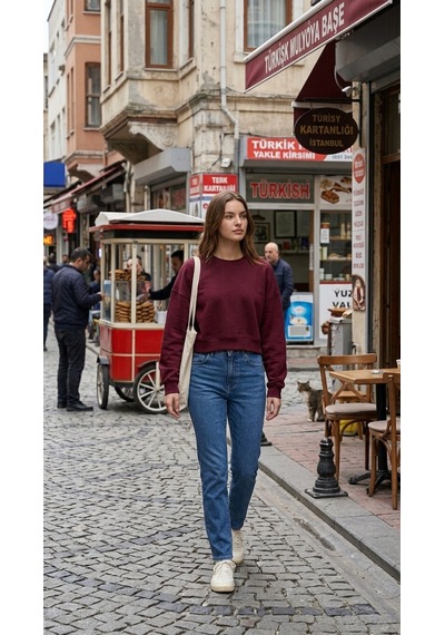 Luxıc Core Kadın Crop Bisiklet Yaka Sweatshirt Pamuklu Yumuşak Dokulu Günlük Spor Sweatshirt Bordo