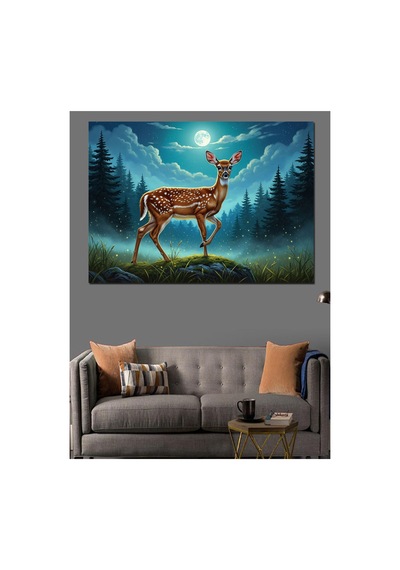 Ormanda Gece Duran Asil Geyik Yağlı Boya Dokulu Kanvas Tablo Canvas Tablosu