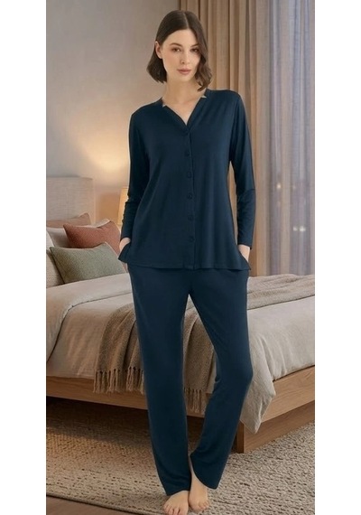 Bicomi Önden Düğmeli, Kolay Kullanım Gece Mavisi Şık Pijama Seti Gece Mavisi