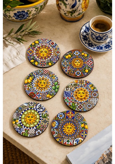 Sunshine Sicilya Temalı Bardak Altlığı 6 Lı Set Güneş Figürlü Limon Desenli Çok Renkli
