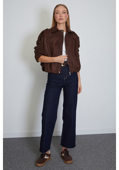 Fullamoda Fermuarlı Polo Yaka Süet Bomber Ceket Kahve