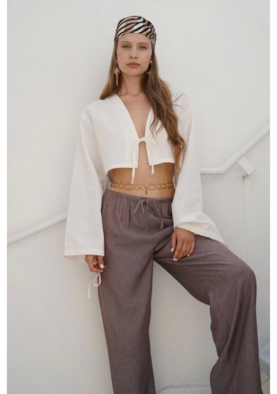 Defymoda İnce Kemerli Bağcık Detay Pantolon Kahverengi
