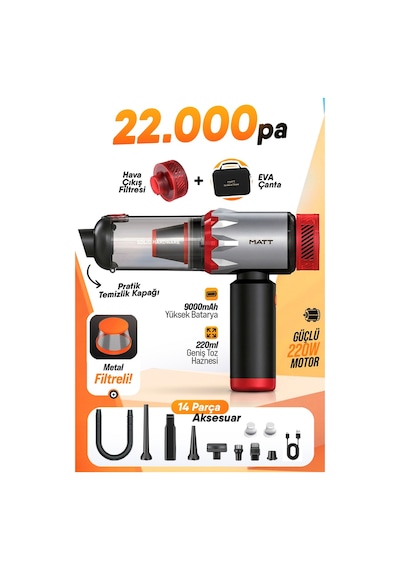 Matt Mcv22 Şarjlı Araç Süpürgesi Kırmızı 22.000pa Güçlü Vakumlu Mini El Süpürgesi Type-c Şarjlı 220m