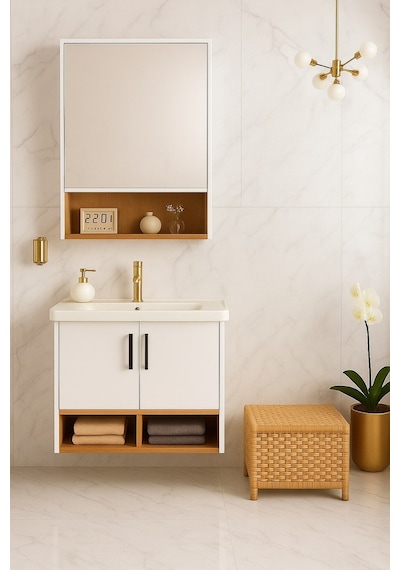 Dmz Home Concept Legna 65 Cm Banyo Dolabı Takımı Beyaz & Ahşap Mdf Seramik Lavabolu Alt Ve Üst Dolap