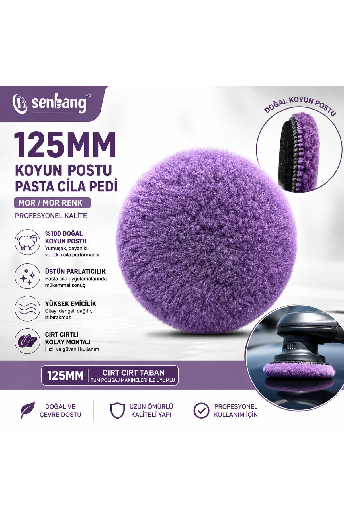 Senbang Profesyonel 3 Lü Kuzu Yünü Pasta Keçesi Seti 120 Mm Cırtlı Polisaj Pedi - Ağır Çizik Giderici, Ara Kat Ve Son Parlatma