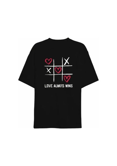 Defymoda 14 Şubat Sevgililer Günü Love Always Wins Baskılı Oversize Bisiklet Yaka T-shirt - Siyah