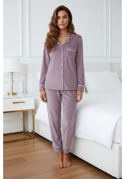 Kadın Kadife Boydan Düğmeli Şerit Detaylı 2'li Pijama Takım LİLA