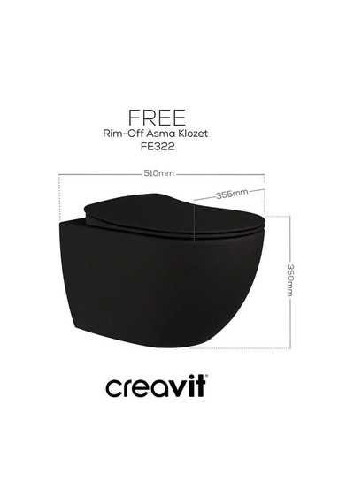 Creavit Free Rim-off Kanalsız Asma Klozet Fe322.sm Mat Siyah + Duck Yavaş Kapanan Kapak Mat Siyah 2'li Set Siyah