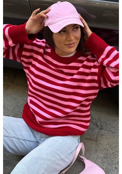 Madmext Kırmızı Çizgili Bisiklet Yaka Oversize Kadın Kazak Mg2894