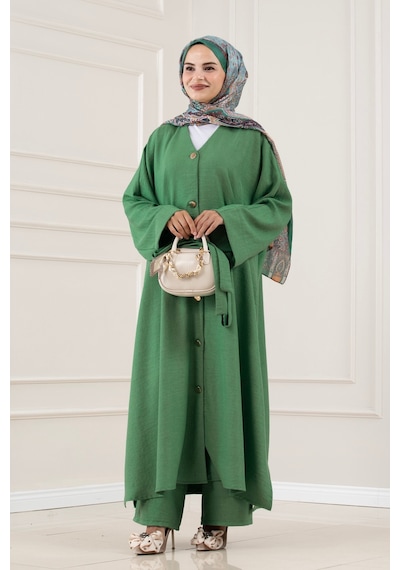 Sevitli Düğmeli Davin Abaya İkili Takım-yeşil-5980