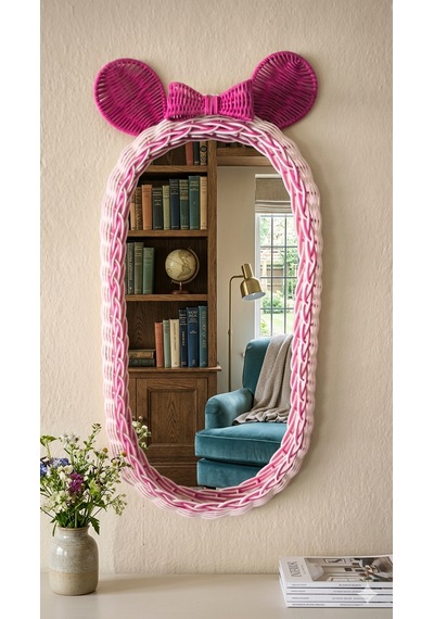 Rattan Pembe Fiyonklu Mickey Mouse Ayna