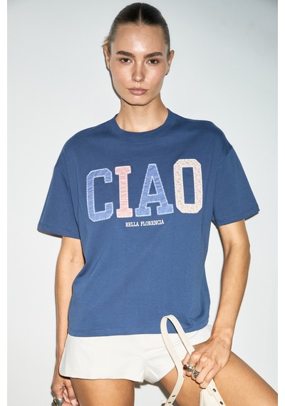Grımelange Cascaıs Kadın %100 Organik Pamuklu Patch Detaylı Regular Fit Lacivert T-shirt