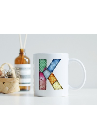 K Harfi Renkli Yamalı Tasarım Kupa Bardak - Bohem Patchwork Desenli Kupa - Etnik Hediyelik Beyaz