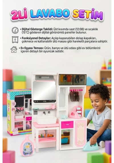 2'li Lavabo Ve Ütü Odam 15 Parça Aksesuarlı Kapakları Açılabilir Dolaplı Eğitici Evcilik Oyun Seti