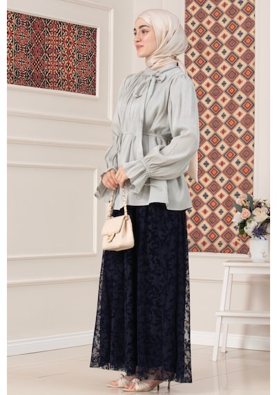 Sevitli Kolu Volanlı Janjan Abiye Bluz-mint Yeşili-5766