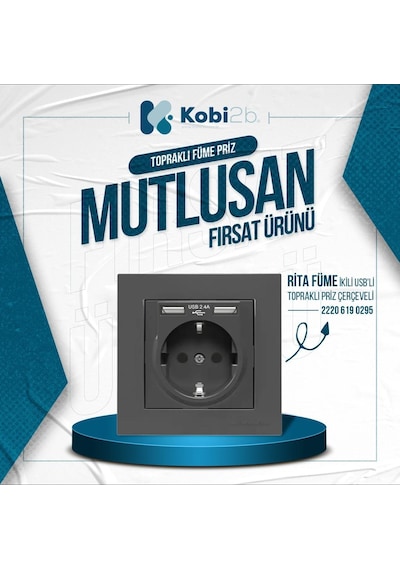 Rita Füme Çerçeveli İkili Usb'li Topraklı Priz