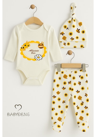 Babyden's Abisinin Balı Baskılı Yenidoğan Bebek Takımı 3 Lü Set Pamuklu Uzun Kol Zıbın, Patikli Alt Ve Şapka Unisex Ekru