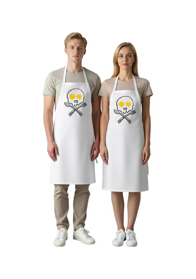 Erkek Unisex Aşçı Önlüğü Kuru Kafa Baskılı Mutfak Sanatçısı Motif Beyaz