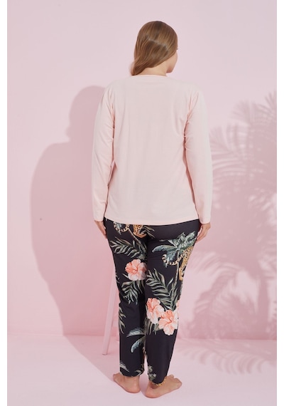 Siyah İnci Pamuklu Curve Büyük Beden Battal Boy Örme Pijama Takım24240727 Somon