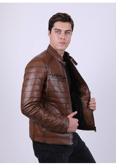 New Zaya Leather Erkek Açık Kahverengi Şişme Deri Mont Açık Kahverengi