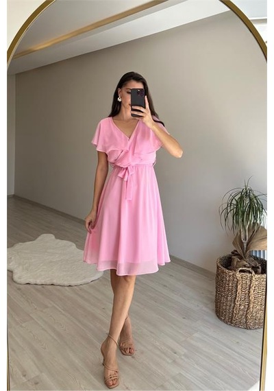Neşeli Butik Kadın V Yaka Kuşaklı Mini Şifon Elbise Nm007 Pudra