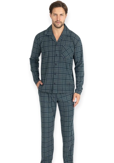 Erse Önden Düğmeli Uzun Kol Termal Pijama Takımı Kareli Haki