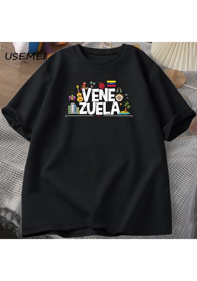 Flood Of Style Venezuela Hasta Tshirt Kadın Erkek Venezüella Con T-shirt Pamuk Kısa Kollu Baskılı Tshirt Uni Siyah