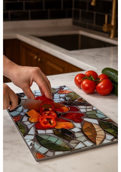 Makri Home Çiçek Desenli Cam, Kesme Tahtası, 25 35 Cm Çok Renkli