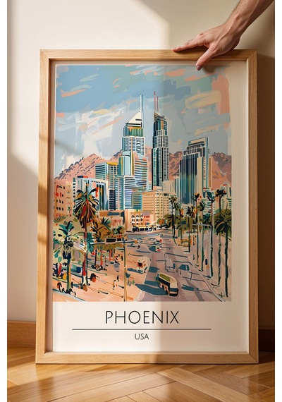 Abd Phoenix Temalı Çerçeveli Tablo Travel Serisi Modern İllüstrasyon Şehir Duvar Dekoru Kayın