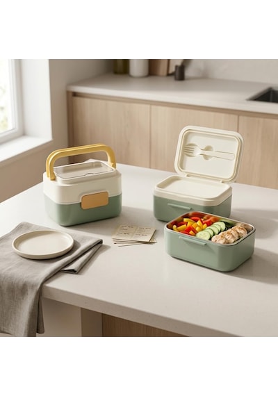 Deconox Paslanmaz Çelik Hazneli Kulplu Yemek Kabı 1010 Ml, Bölmeli Lunch Box Seti, Çatal Kaşık Dahil, Kilitli Kapaklı Taşıma Ve Saklama Kabı, Renkli Desenli