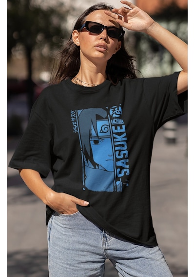 Tasarım Uchiha Sasuke Baskılı Unisex Oversize Naruto Anime Dizi K Siyah