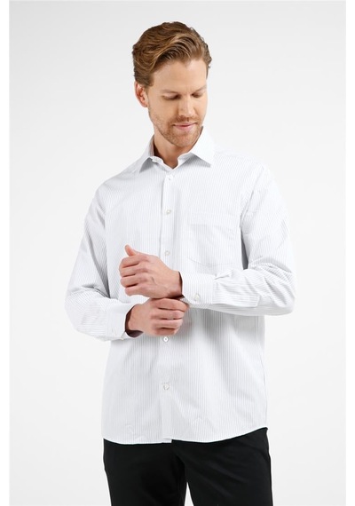 İmza Beyaz - Siyah Çizgili Desen Sert Yaka Uzun Kol Cepli Comfort Fit Pamuklu Gömlek 1004255275 Beyaz - Siyah