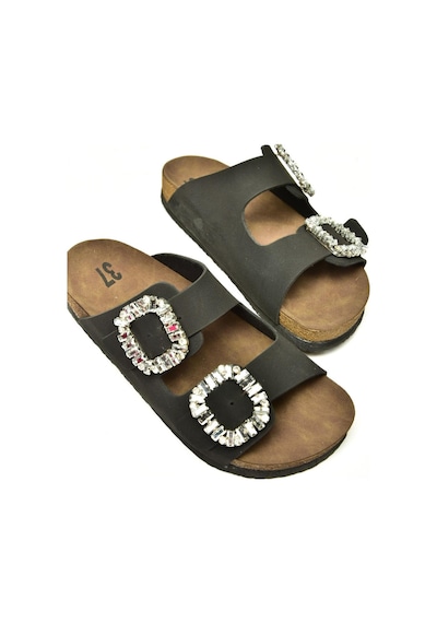 Fox Shoes K777604802 Siyah Süet Çift Tokalı Taşlı Kadın Terlik Siyah-süet Siyah