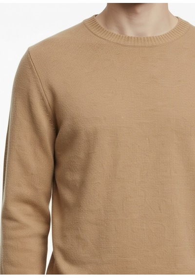 Alpha Studio Bej Erkek Bisiklet Yaka Regular Fit Kazak Au-3210c Pacth Crewneck Knıt