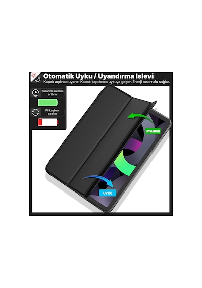 İpad 11. Nesil A16 Ve 10. Nesil 10.9" Uyumlu Kılıf A3355 A2696 Ultra İnce Standlı Kapak Siyah Kapaklı Kılıf
