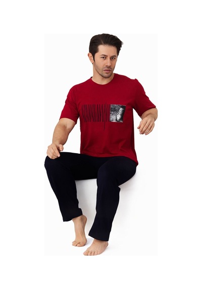 Gk Luxury & Fashıon Sude Erkek Pijama Takımı Kısa Kollu Alt Uzun - A300-05 Ve A301-1173-1 %100 Koton Bordo