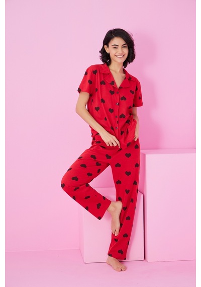 Siyah İnci Gömlek Yaka Düğmeli Örme Pijama Takım Kırmızı Siyah Kalp
