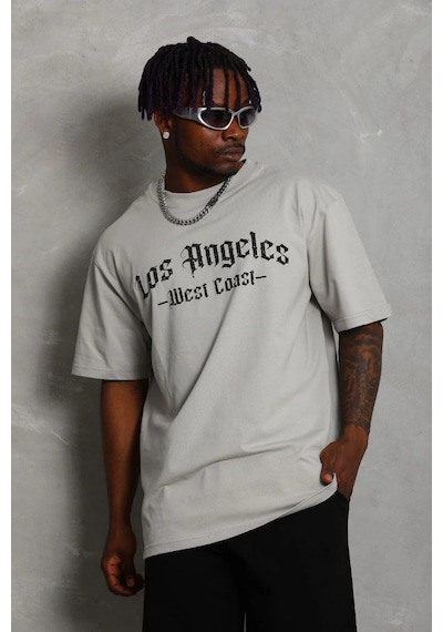 Erkek Oversize Baskılı Bisiklet Yaka T-shirt - Gri Gri