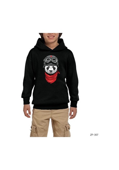 Zepplin Giyim Panda Pilot Siyah Çocuk Kapşonlu Sweatshirt