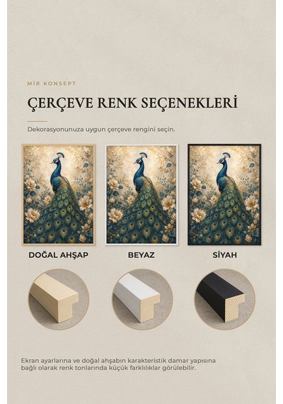 Zümrüt Tavus Kuşu 3'lü Mdf Tablo Seti Gerçek Ahşap Çerçeveli Modern Salon Yatak Odası Duvar Tablosu Renk: Beyaz