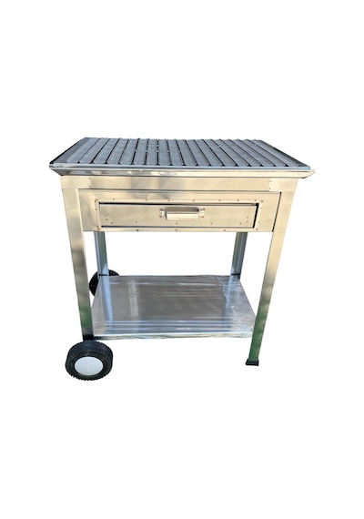 Paslanmaz Kömürlü Mangal Çekmeceli 35 X 60 Cm Tekerlekli Barbekü Gri