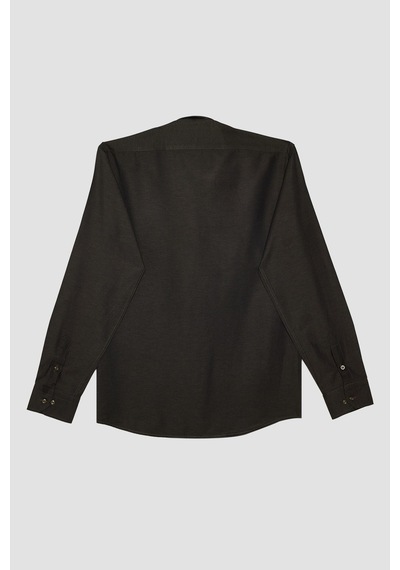 Tudors Erkek Modern Fit Dar Kesim Pamuklu Kolay Ütü Armürlü Haki Gömlek-32095-haki Haki